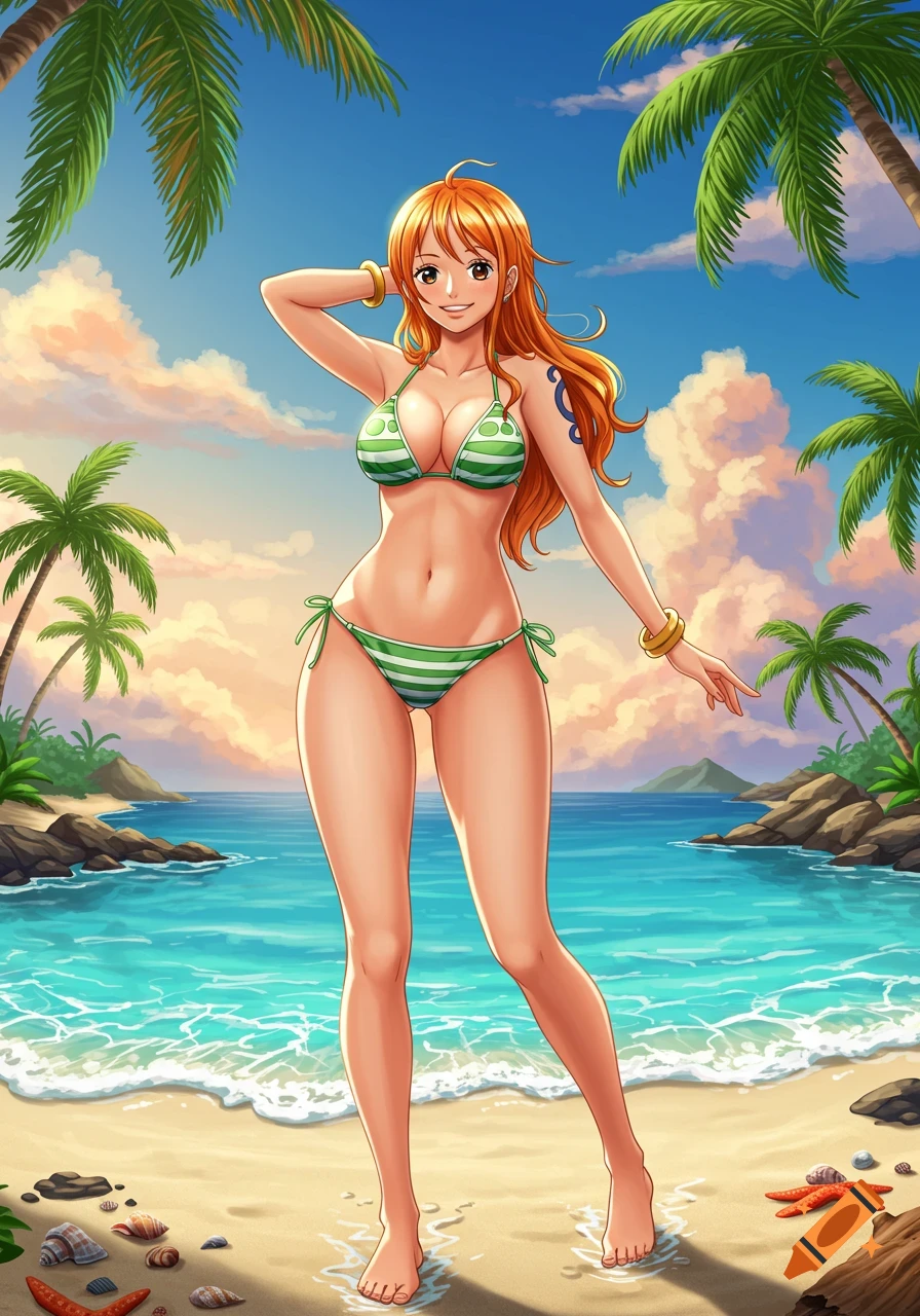 An anime woman with orange hair in a green and white striped bikini poses on a sunny beach with palm trees and ocean.