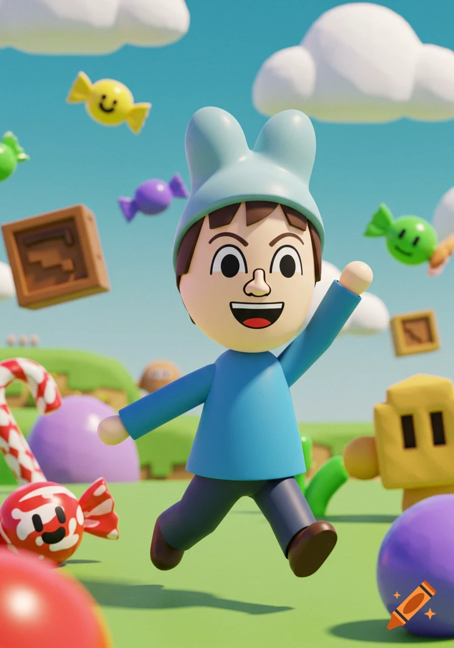 A cheerful 3D rendered Mii character with a bunny hat runs happily through a vibrant, candy-filled game world under a blue sky.
