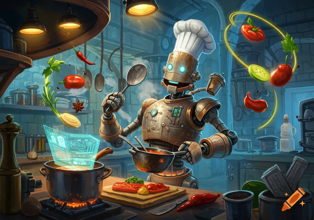 Steampunk robot chef in a kitchen, holding a spoon, surrounded by floating vegetables and glowing holographic recipes, cooking.