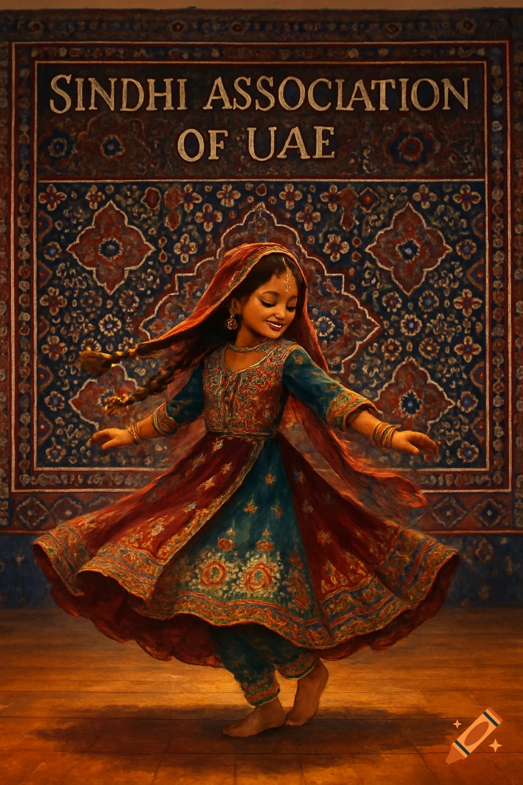 A young girl in a colorful traditional Sindhi dress dances, smiling, against a patterned tapestry background with 'Sindhi Association of UAE' text.