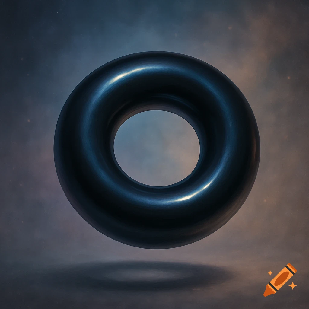 A dark blue metallic torus floats in a moody, ethereal blue and brown smoky background with soft light.