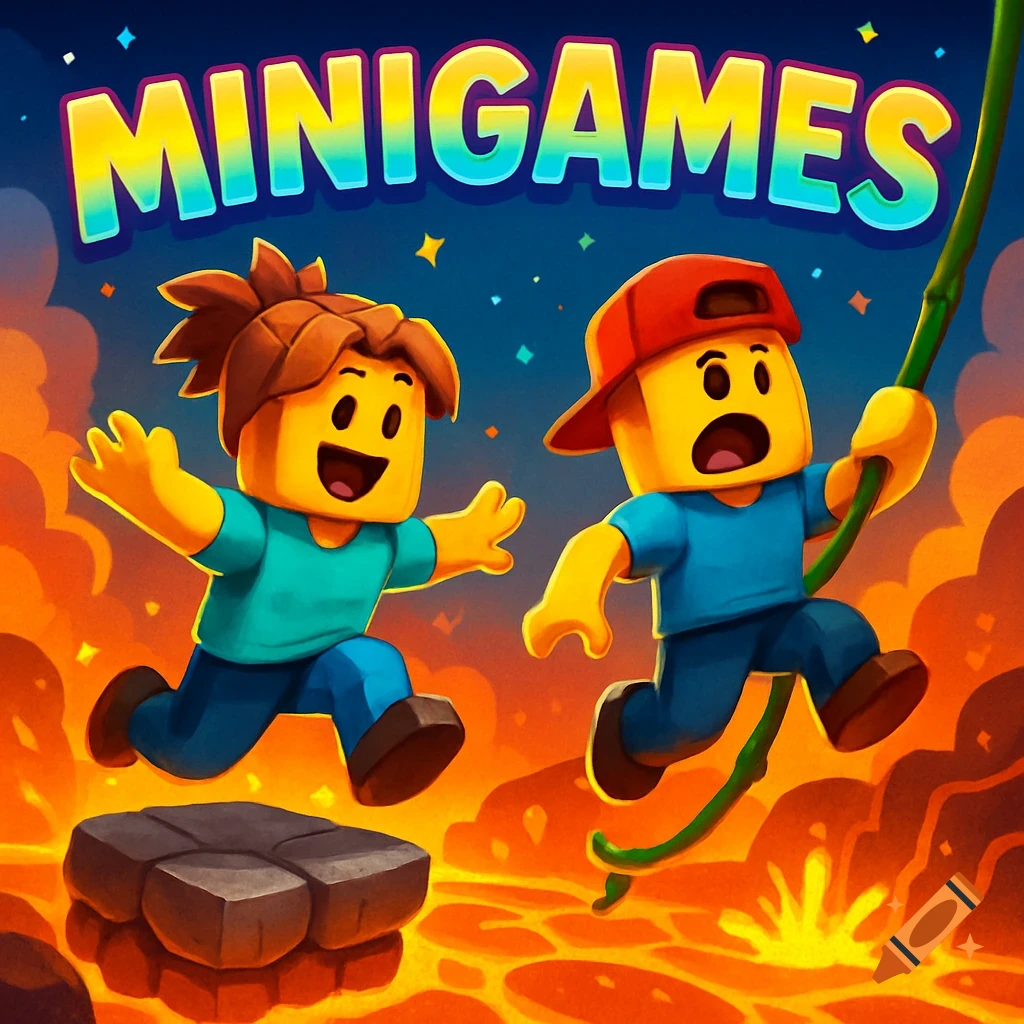 Two vibrant, cartoon-style blocky characters playing 'the floor is lava' over glowing orange lava, with 'MINIGAMES' text above.