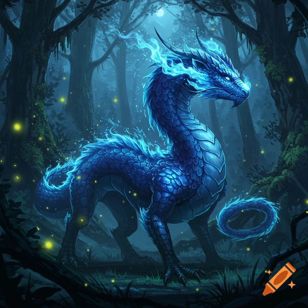 A majestic blue dragon with glowing blue fire on its head and back stands in a dark, moonlit forest with fireflies.