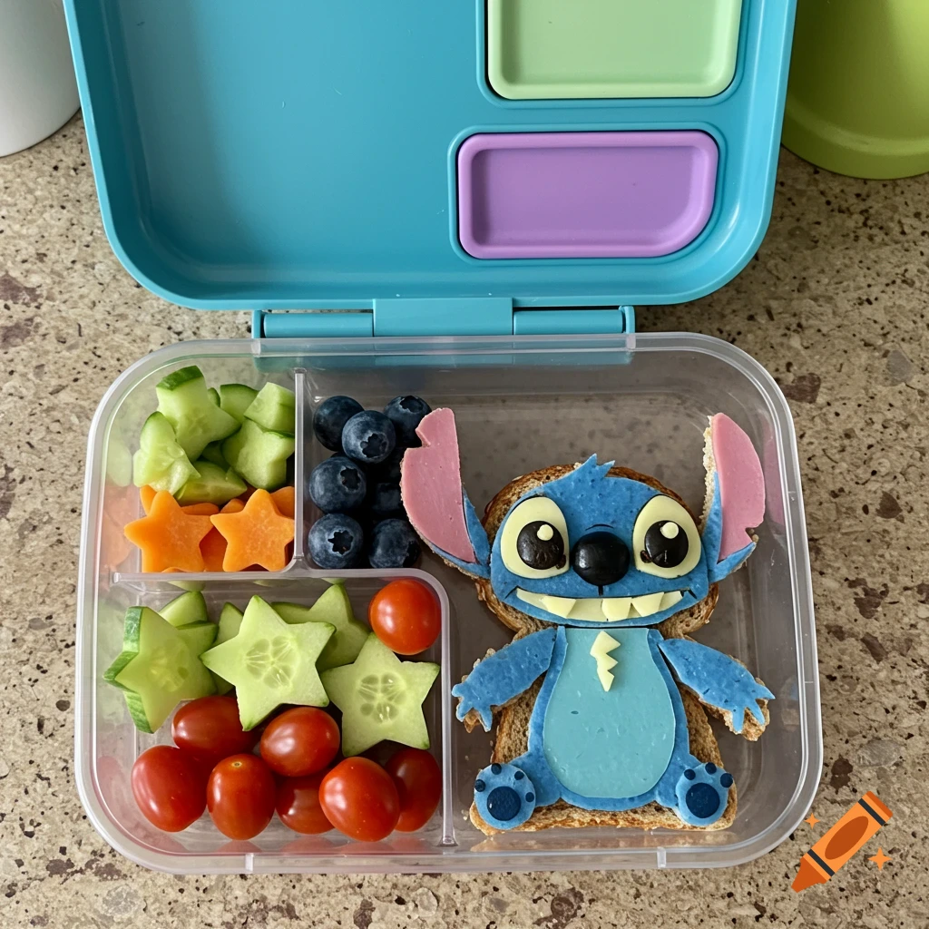 Creative child's bento box lunch featuring a Stitch character sandwich, blueberries, star-cut carrots, cucumbers, and cherry tomatoes.
