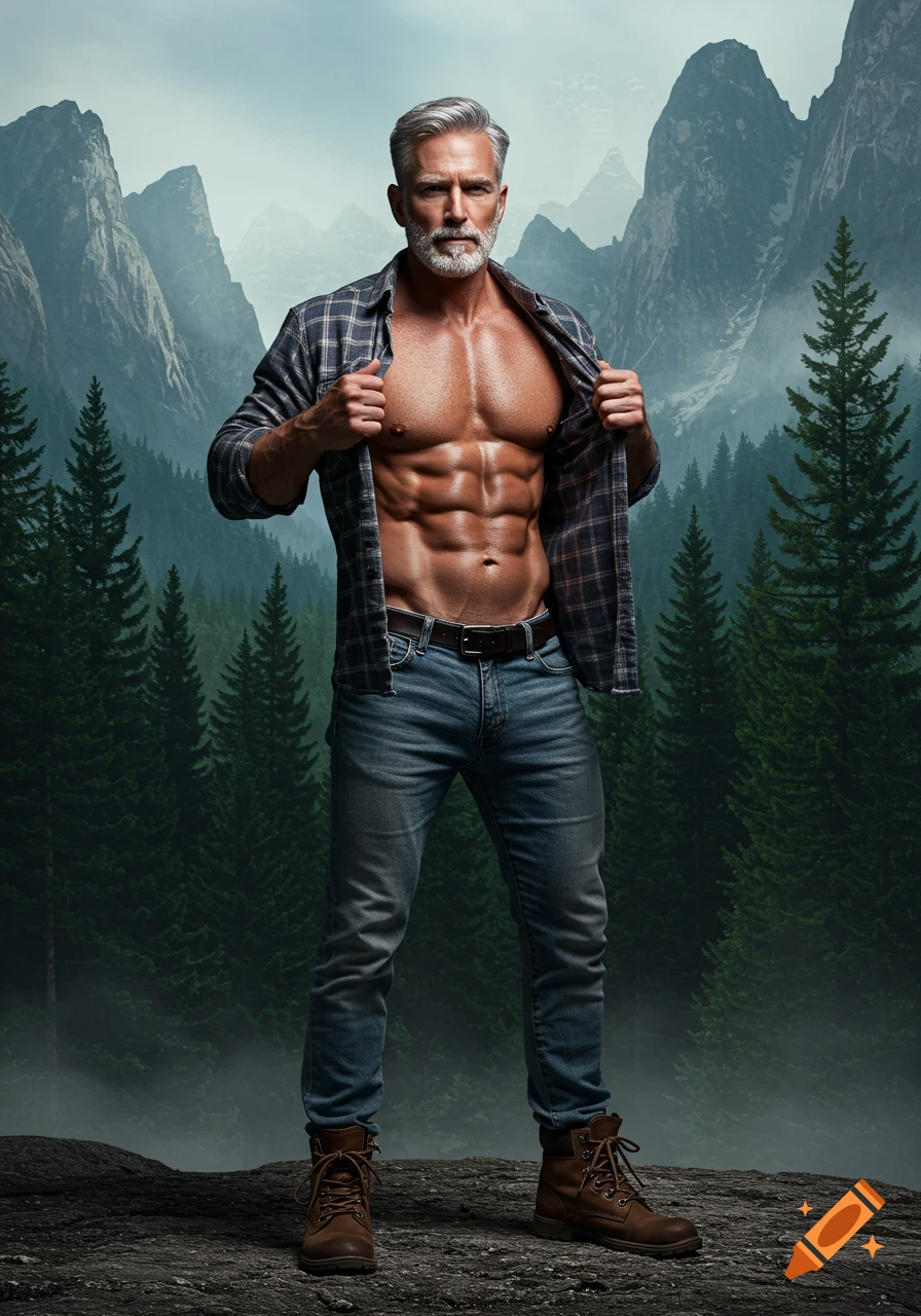 A fit older man with silver hair and beard opens his flannel shirt to show sculpted abs, standing in front of misty, forested mountains.