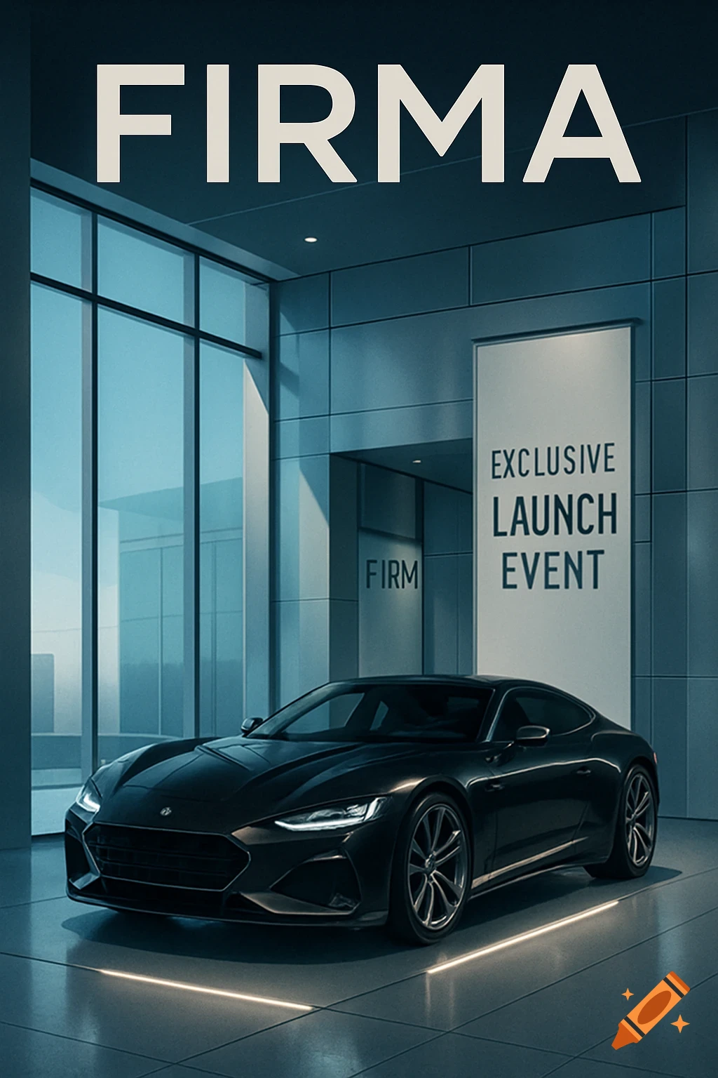 A sleek black sports car displayed in a modern, brightly lit showroom with 'FIRMA' and 'EXCLUSIVE LAUNCH EVENT' signage.