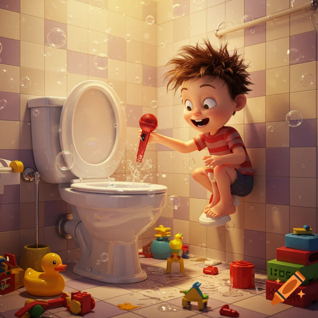 A mischievous cartoon boy with spiky brown hair playfully splashes a red microphone in a toilet, surrounded by bubbles and toys on the bathroom floor.