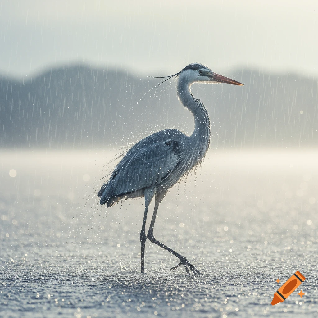 A photorealistic grey heron walks through heavy rain, water splashing around it.