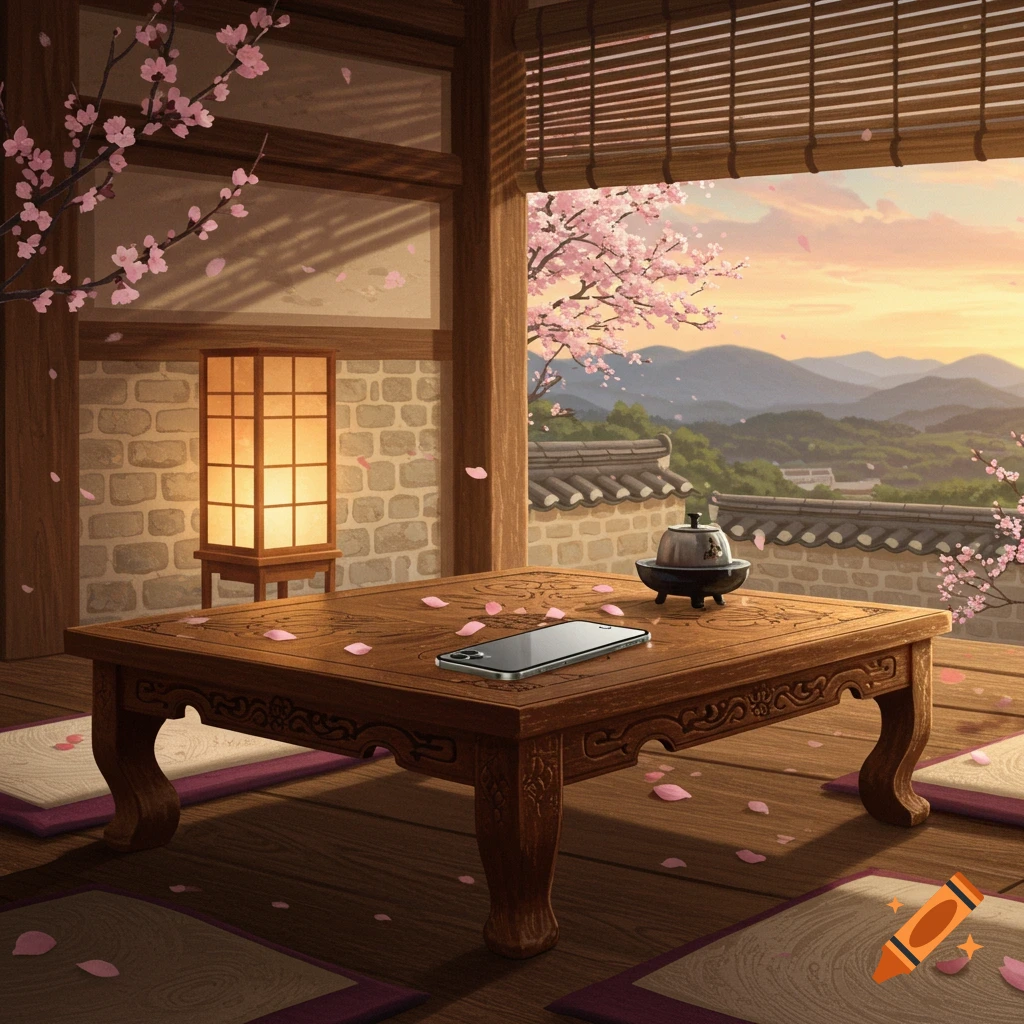 Traditional East Asian room with a smartphone on a low table, cherry blossoms, and mountains at sunset in an anime style.
