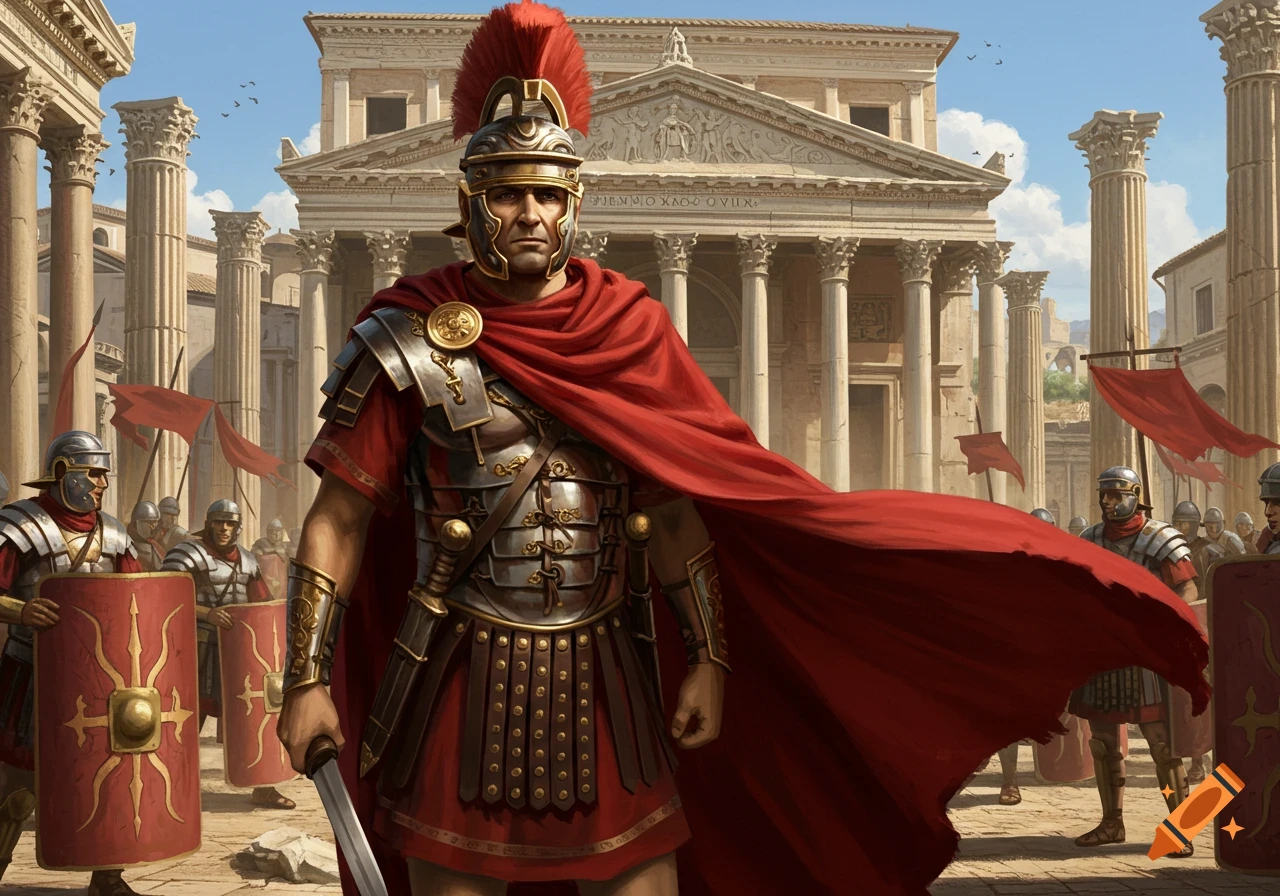 A commanding Roman general in a red cape, sword in hand, stands before ancient Roman architecture and soldiers. Photorealistic style.