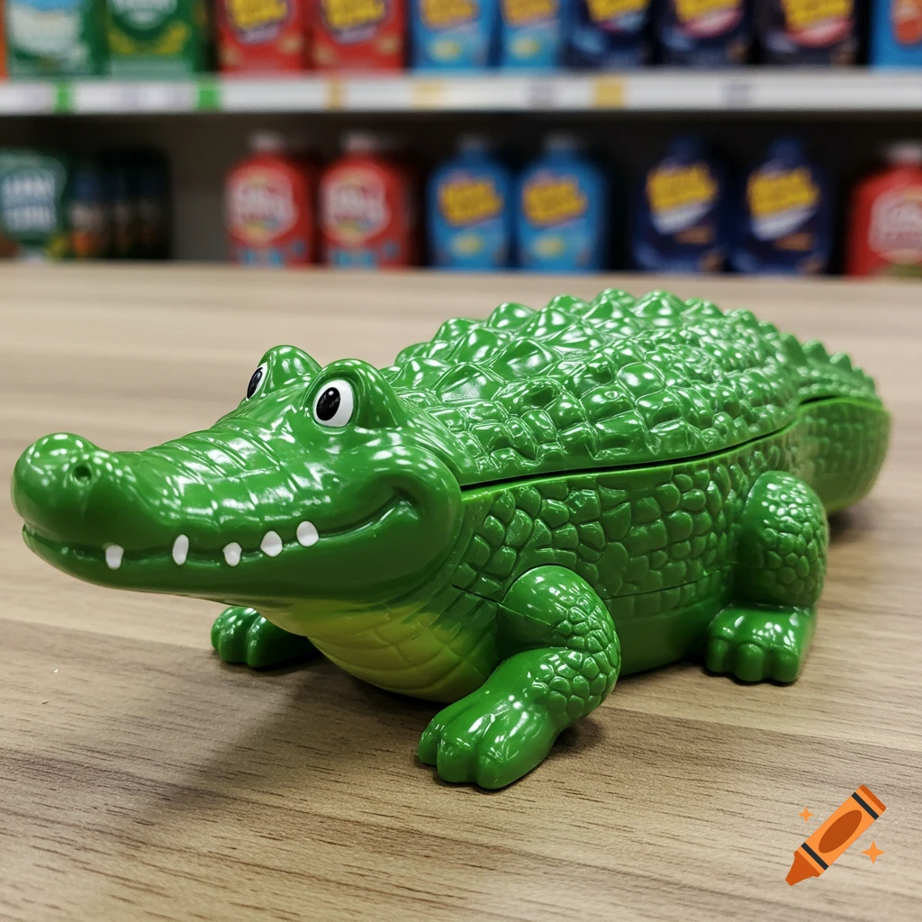 A glossy green crocodile-shaped gum case with cartoon eyes and white teeth sits on a wooden surface, blurred shelves in background.