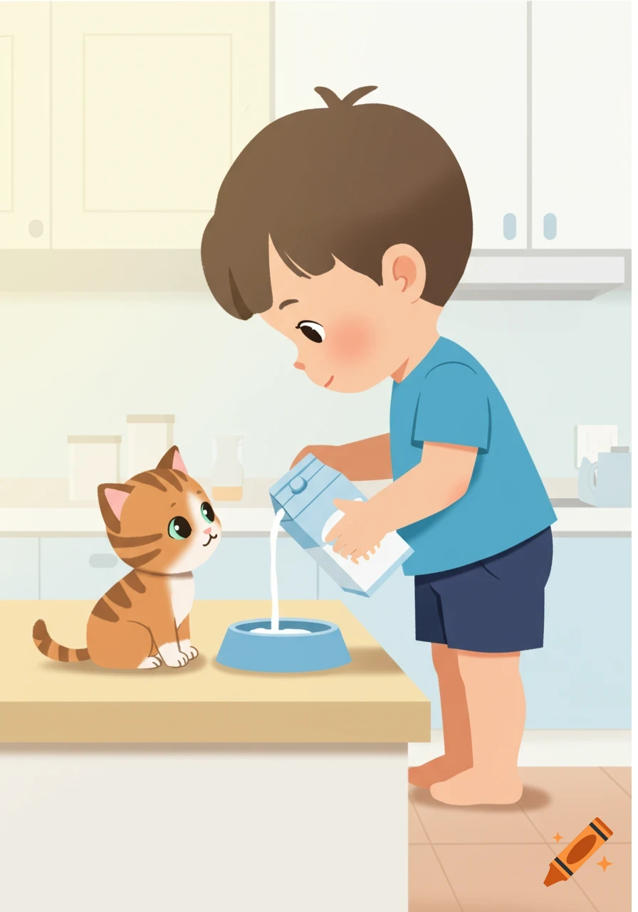 A cartoon boy pours milk from a carton into a bowl for a little striped cat in a kitchen.