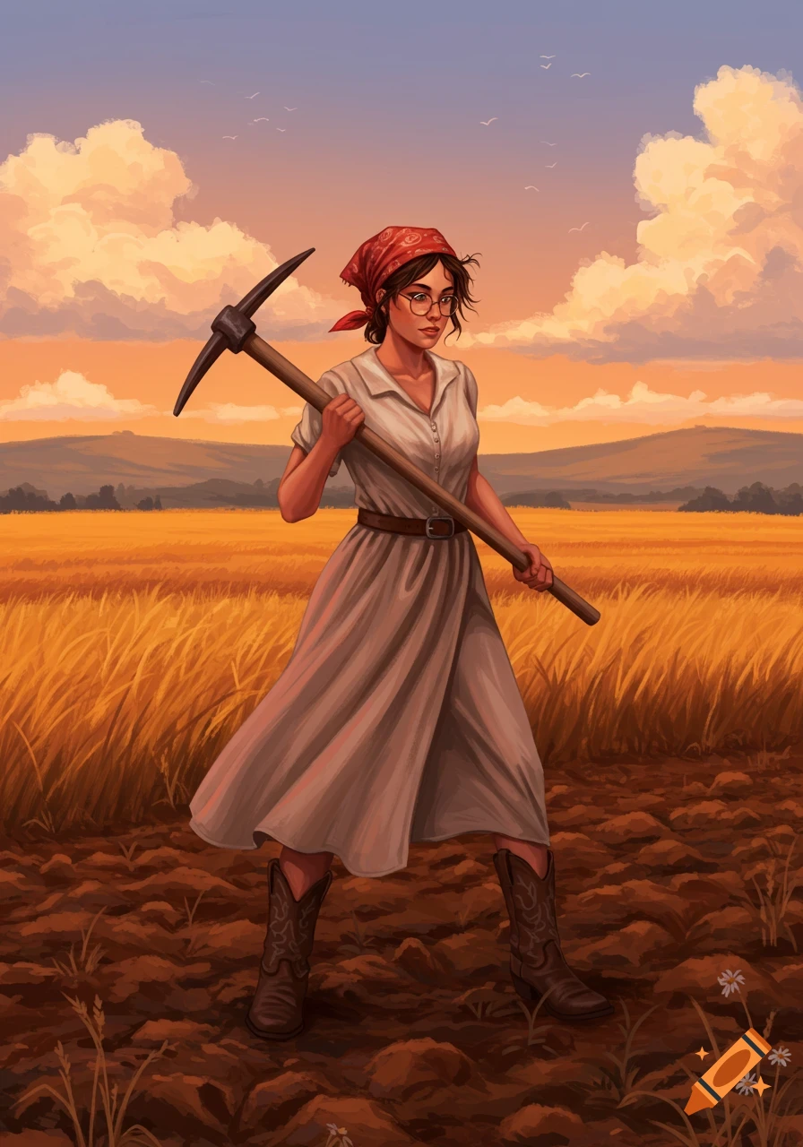 An illustration of a young woman in a long dress, cowboy boots, bandana, and glasses holding a pickaxe in a field at sunset.