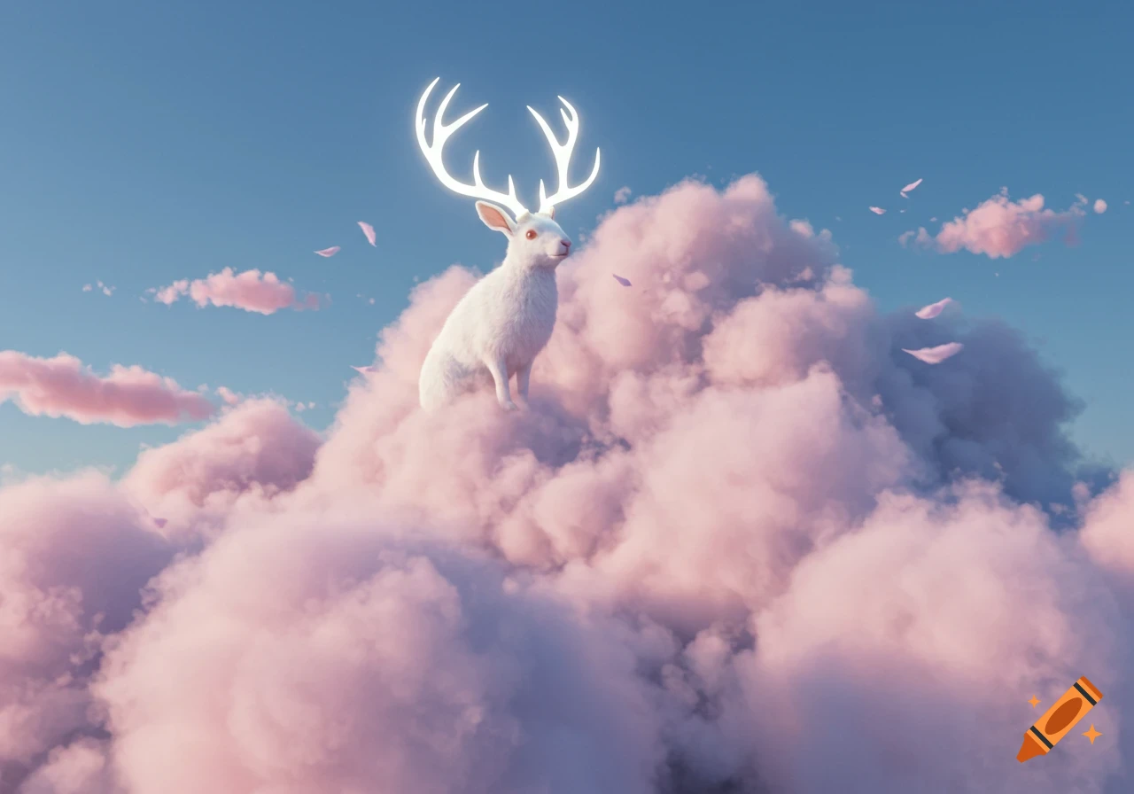 A white deer-like creature with glowing antlers stands on fluffy pink clouds against a light blue sky, with floating petals.