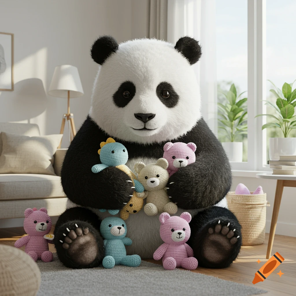 A giant photorealistic panda plushie sits in a bright living room, holding and surrounded by several smaller crochet plush toys.