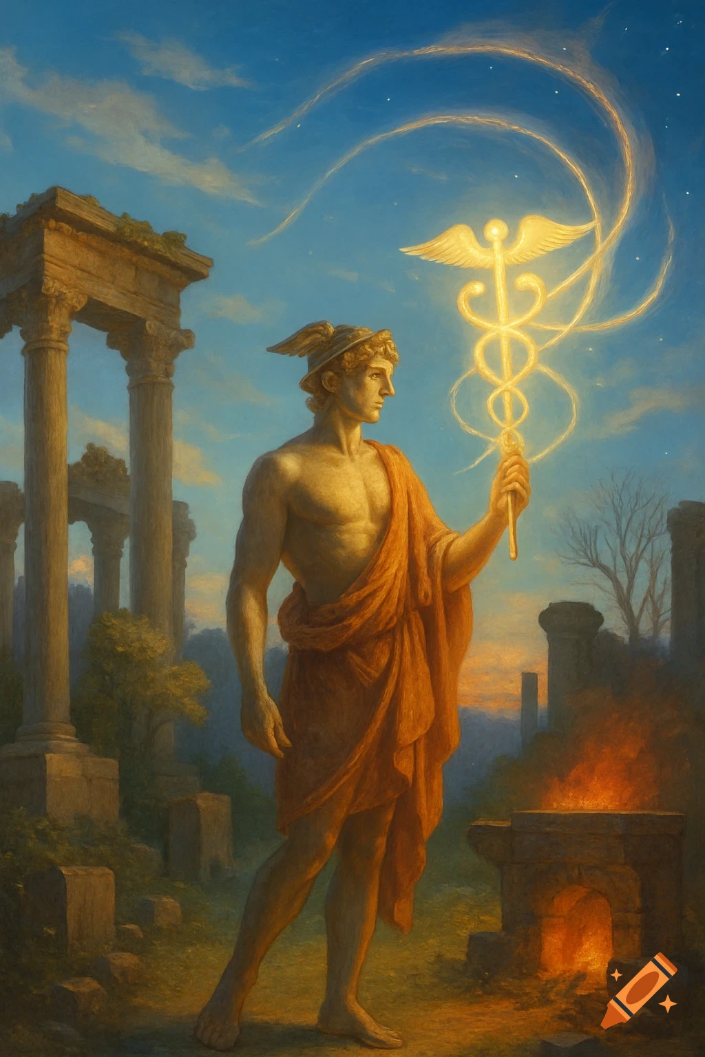A muscular Mercury stands in ancient ruins, holding a glowing caduceus as light streams from it into the sky at sunset. Painterly style.