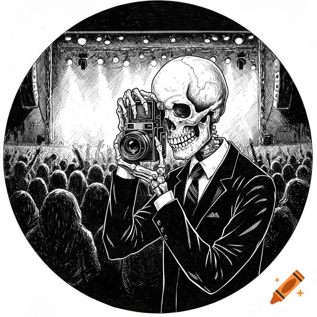 Black and white pen and ink illustration of a skeleton photographer in a suit taking pictures at a lively concert.