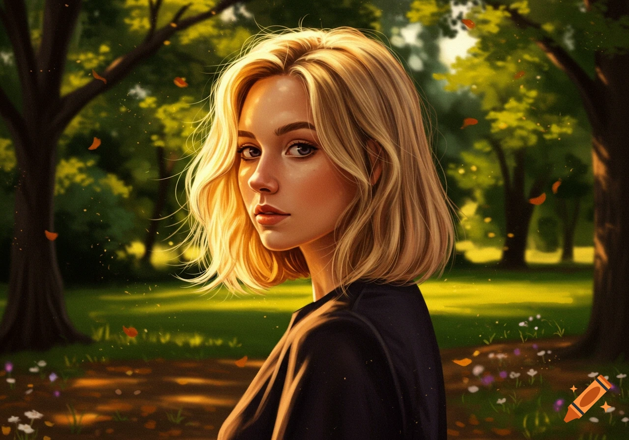 Illustrative portrait of a young blonde woman with a bob, looking over her shoulder in a sunlit park with falling leaves.