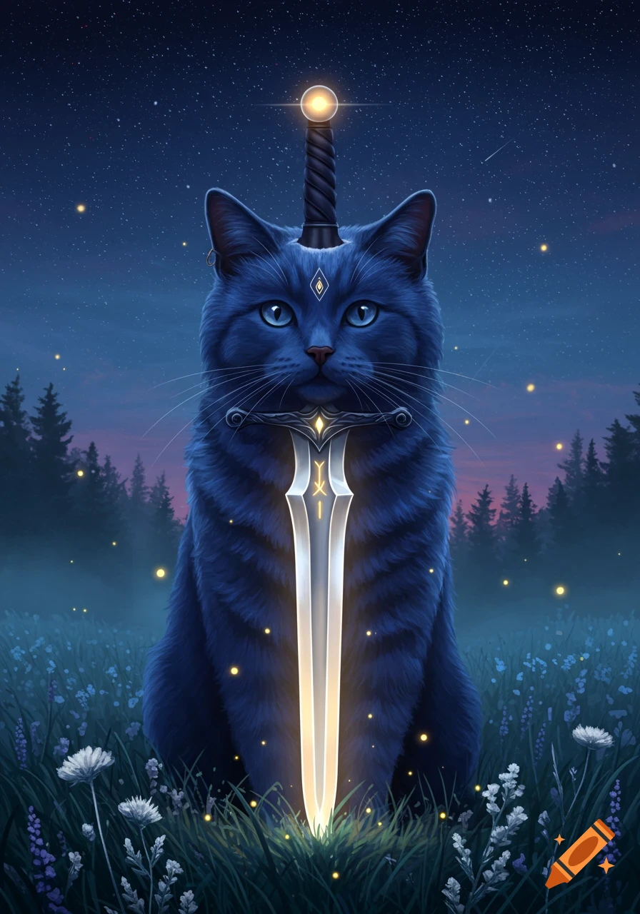 A mystical blue cat sits in a glowing flower field at night, a glowing sword appearing from its head, under a starry sky.