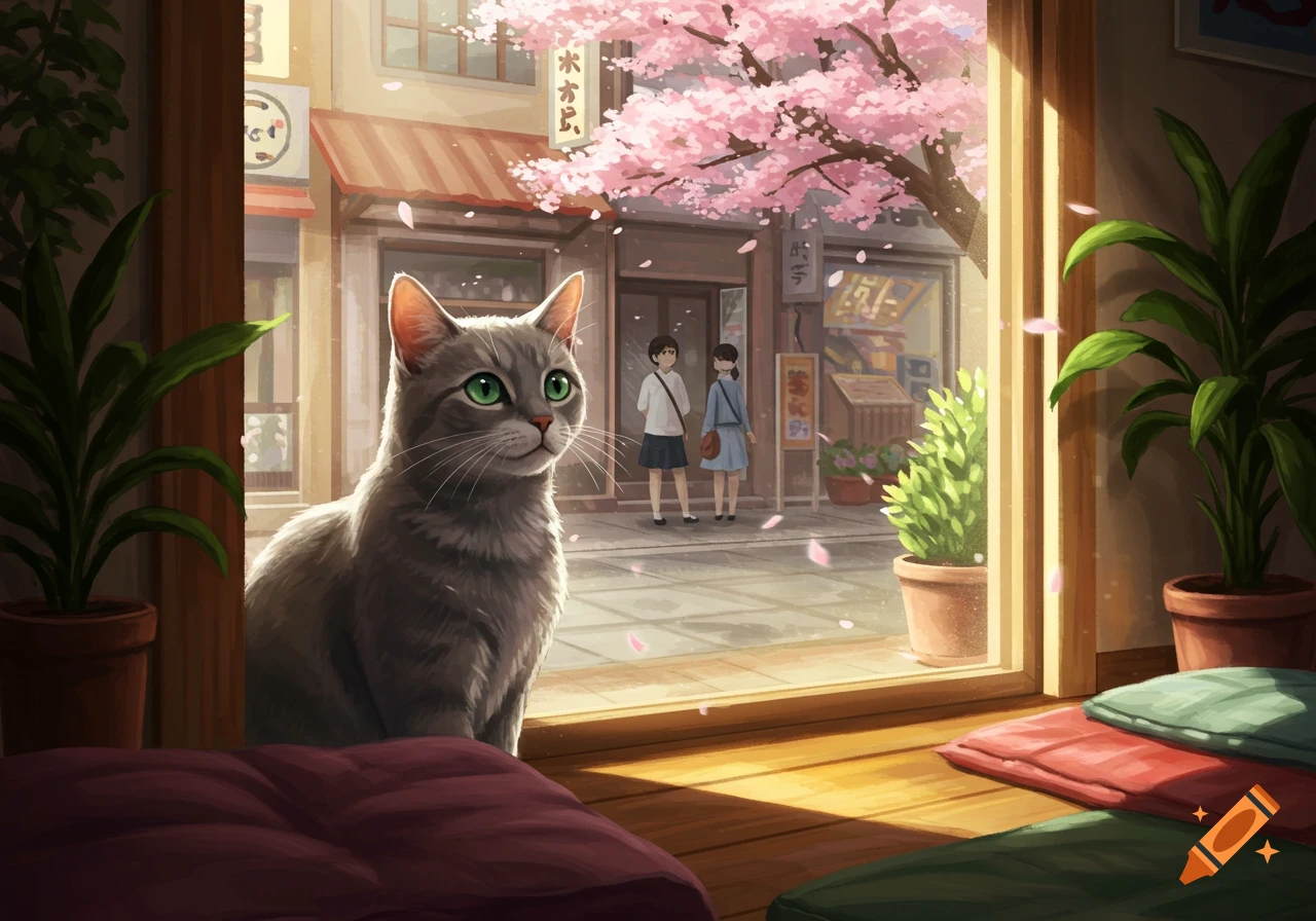 Gray cat with green eyes looks out a window onto a cherry blossom-lined street with two people walking, in an anime art style.