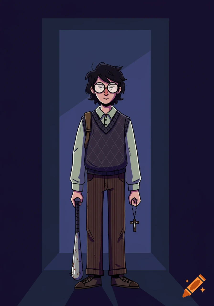 Cartoon illustration of a young man with shaggy hair, glasses, sweater vest, holding a bloody baseball bat and crucifix in a shadowy hallway.