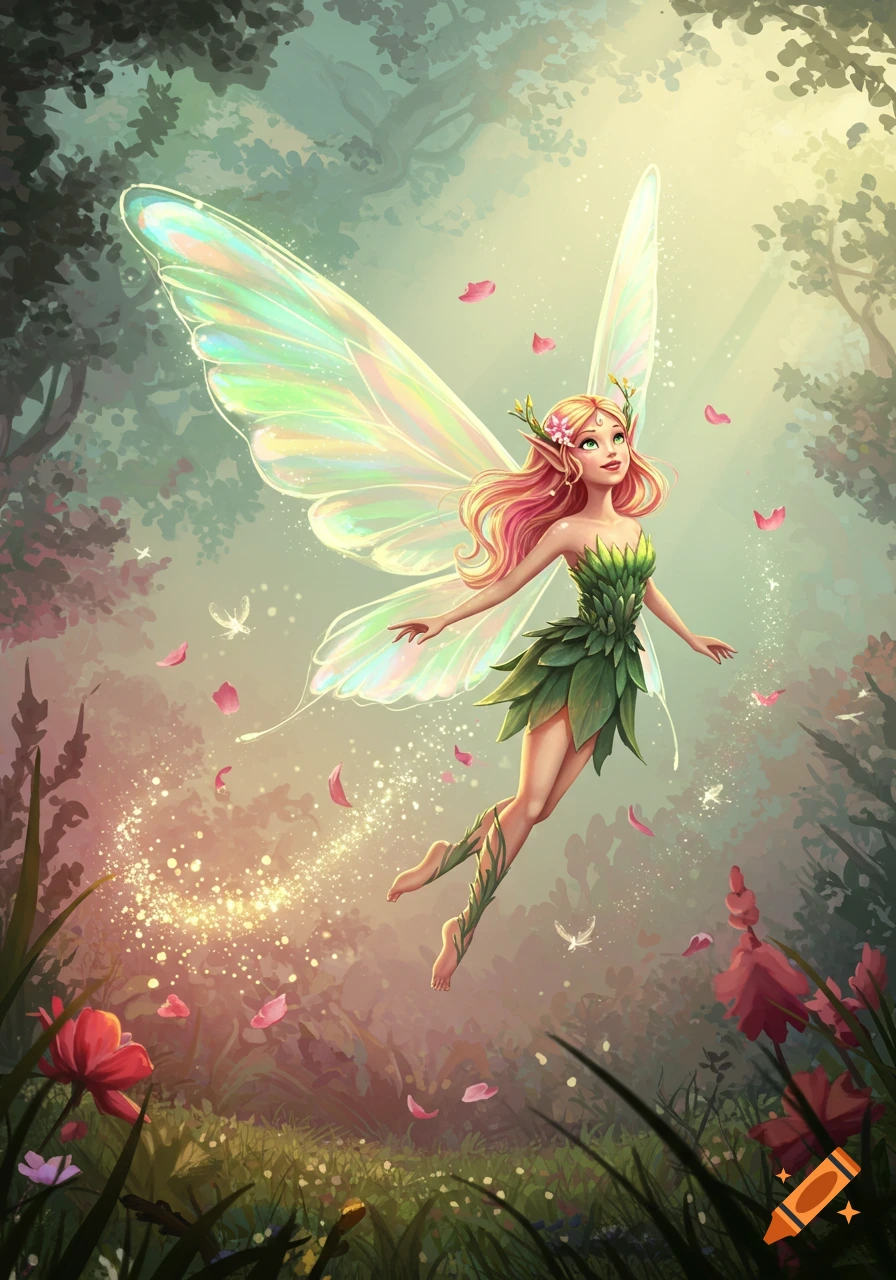A vibrant illustration of a fairy with pink hair, leaf dress, and glowing wings floating in an enchanted forest.