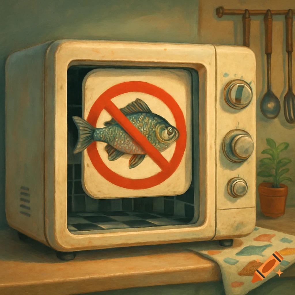 An illustration of a microwave on a kitchen counter with a 'no fish' symbol inside its door.