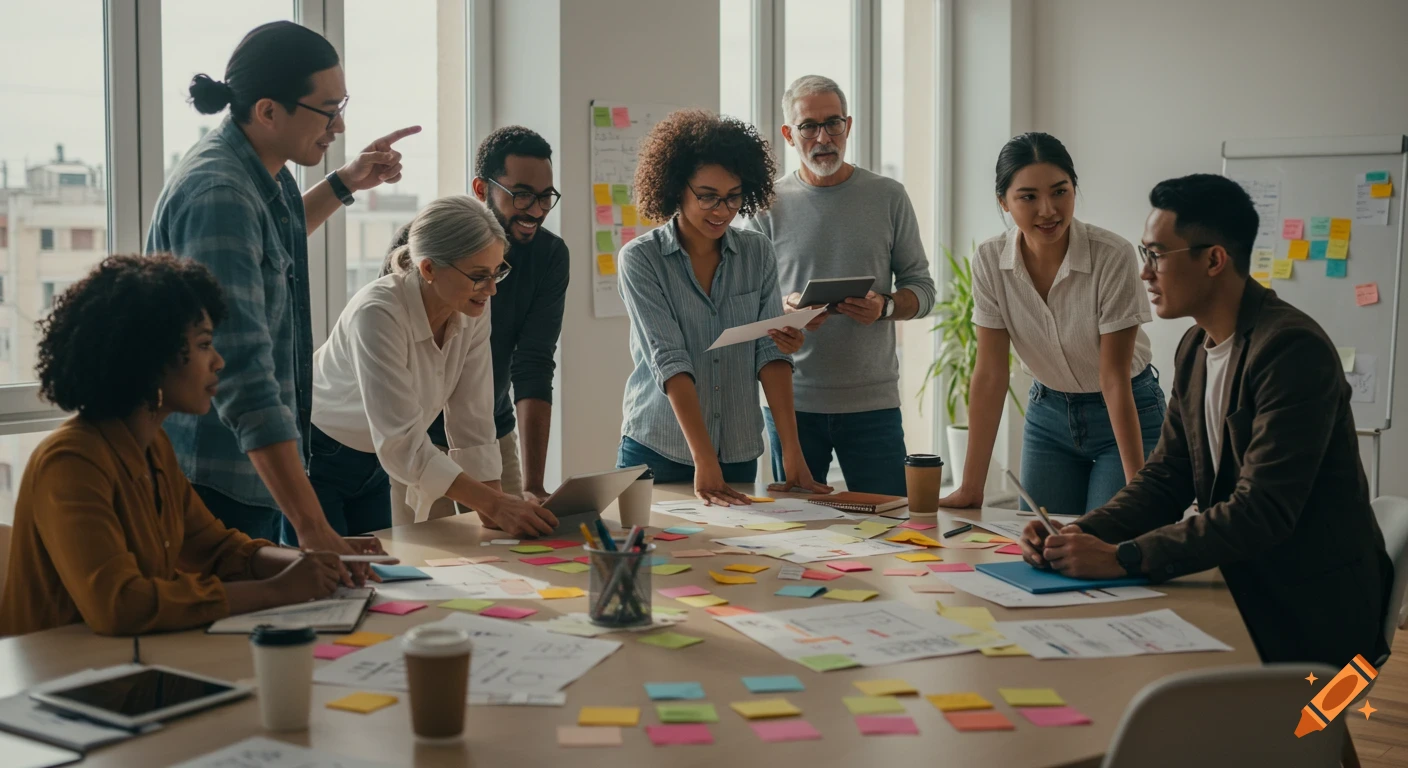A diverse group of people collaborating around a large table covered with papers and sticky notes in a bright office.