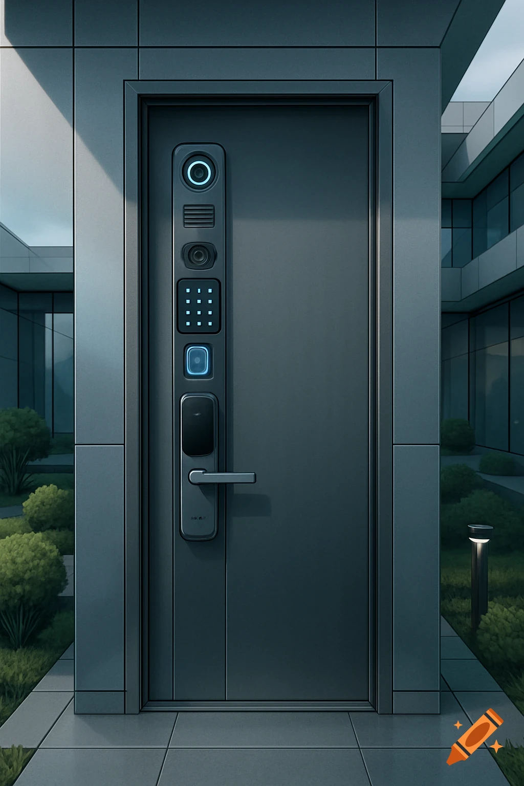 A modern, dark grey high-tech door with a smart lock, keypad, and camera, set within a contemporary building facade with green landscaping.