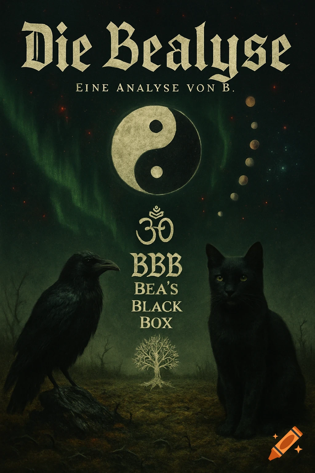 A dark fantasy image with a black raven and a black cat on decayed ground under green aurora and a yin-yang symbol. Text reads 'Die Bealyse'.