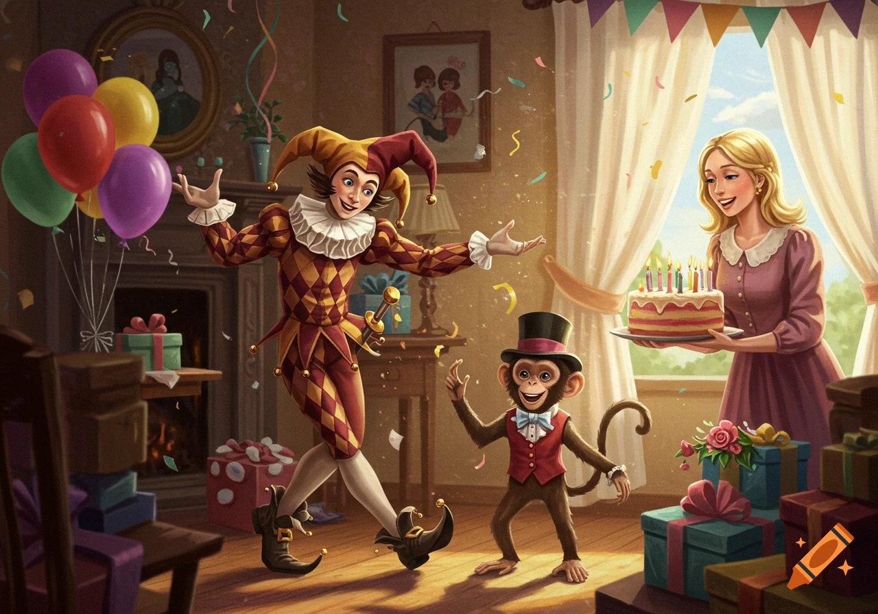 A jester, a monkey in a top hat, and a blonde woman celebrate a birthday in a festive room filled with presents, balloons, and confetti.