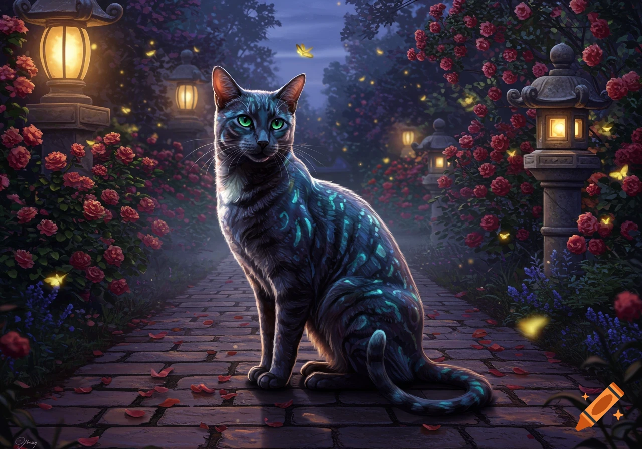 A black cat with glowing turquoise markings and green eyes sits in a mystical rose garden at night, with lanterns and butterflies.