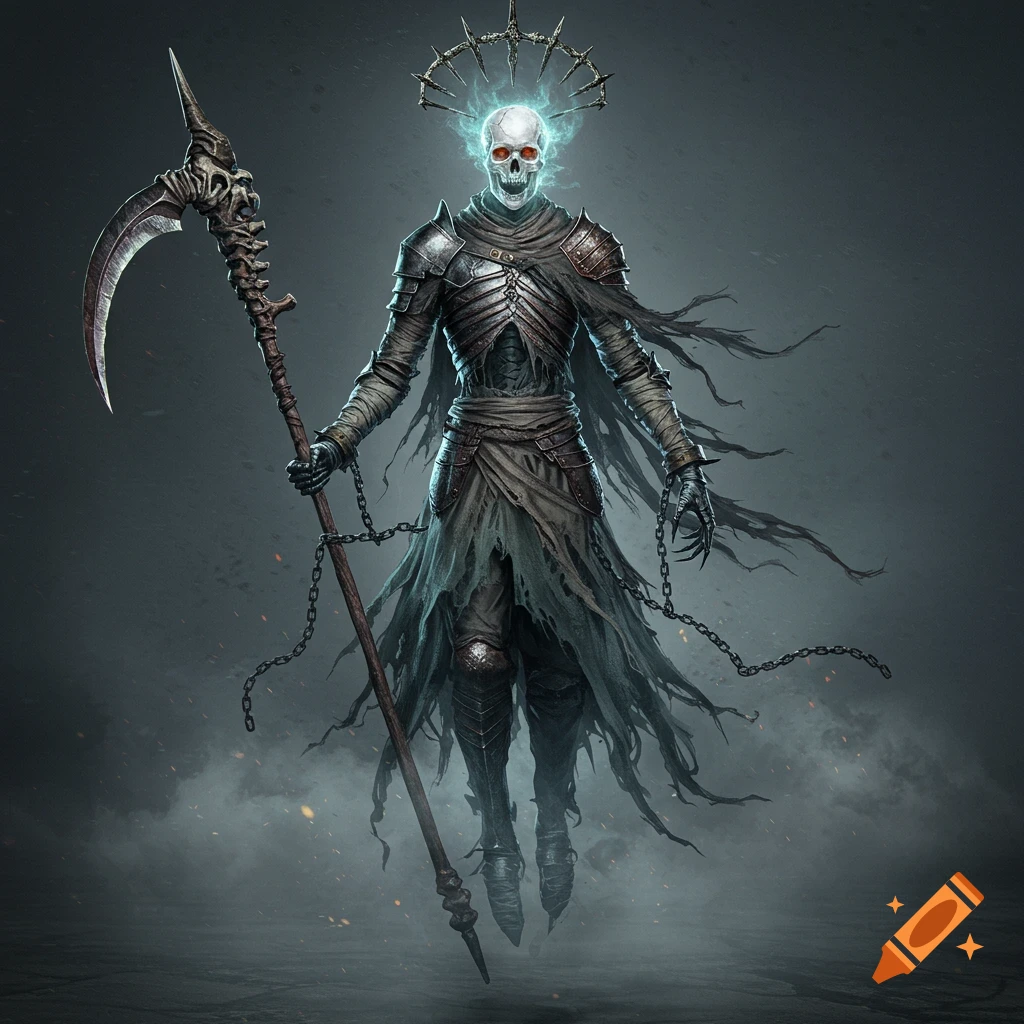 A spectral skeleton knight, with glowing red eyes and a halo of broken weapons, floats ominously, holding a large scythe amidst mist and ash.