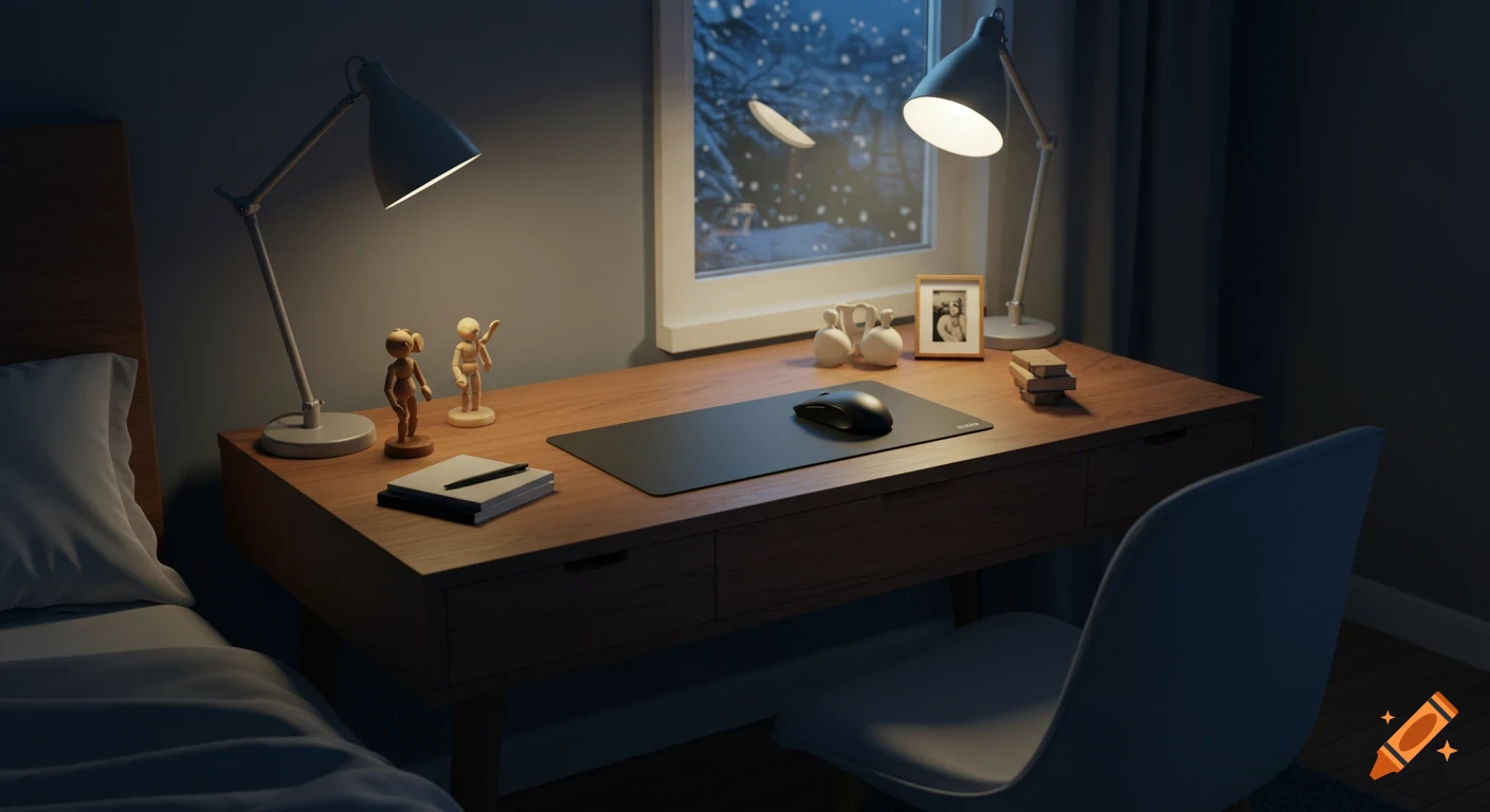 A cozy bedroom desk at night with two lamps, a mouse pad, books, decorative figures, and a snowy winter scene outside the window.
