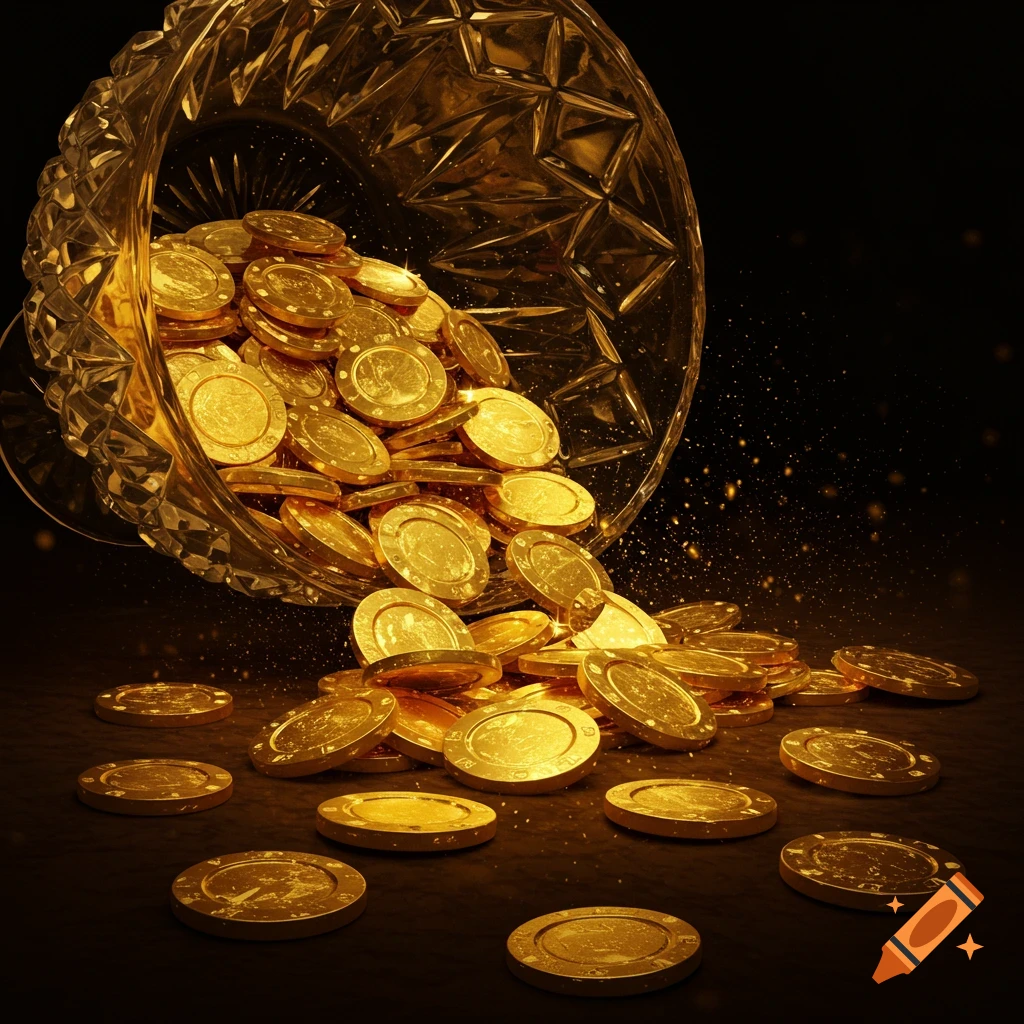 Golden coins overflowing from a crystal bowl onto a dark surface, with sparkling dust.