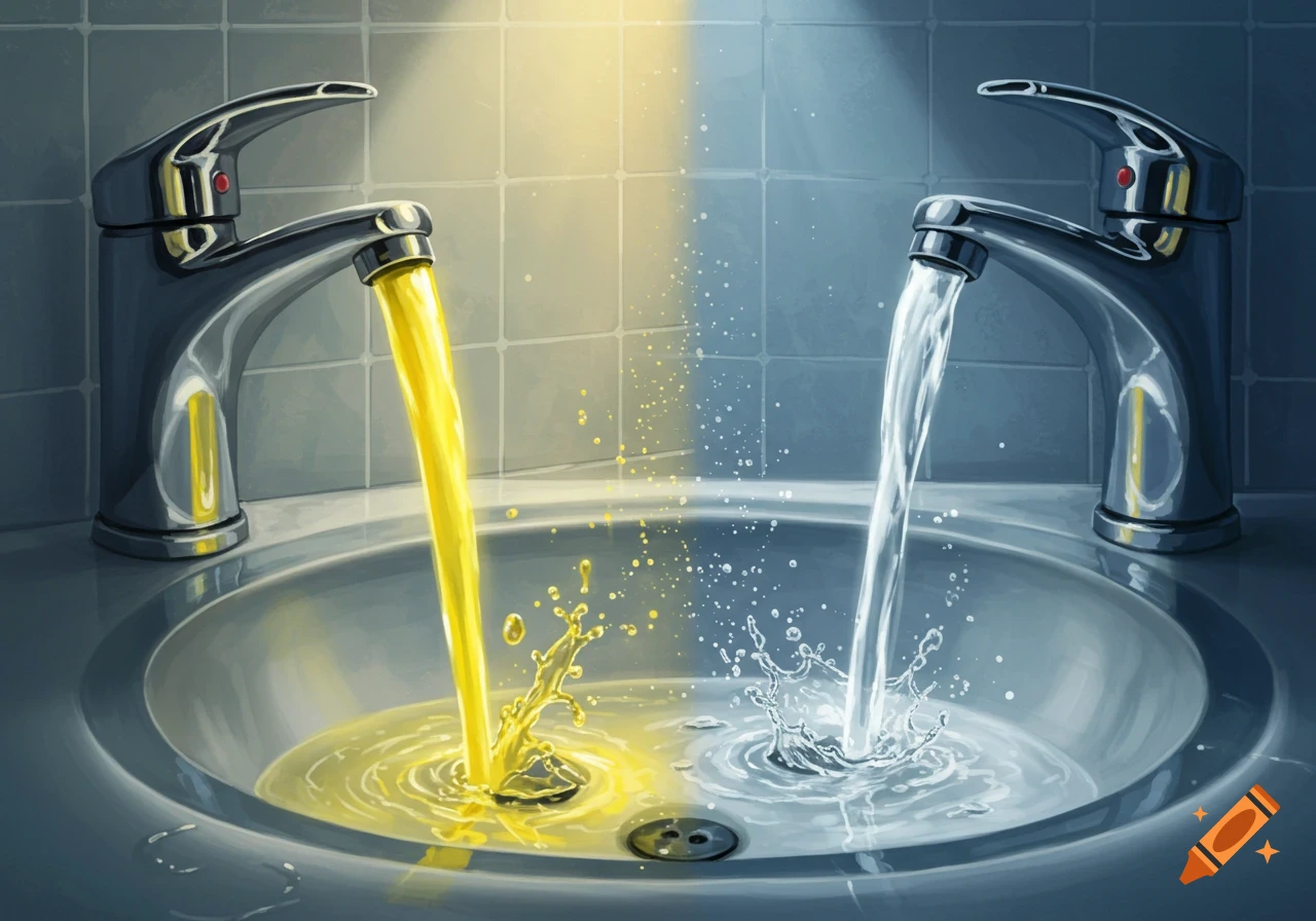 Two faucets in a sink, one pouring yellow liquid and the other clear water, with splashes.