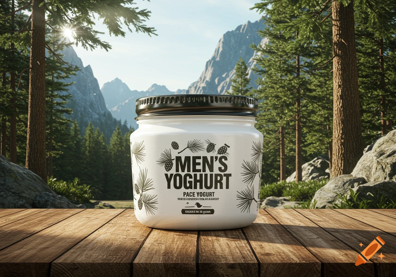 A photorealistic image of a white yogurt jar with 'MEN'S YOGHURT' on its label, placed on a wooden table in a mountain forest.