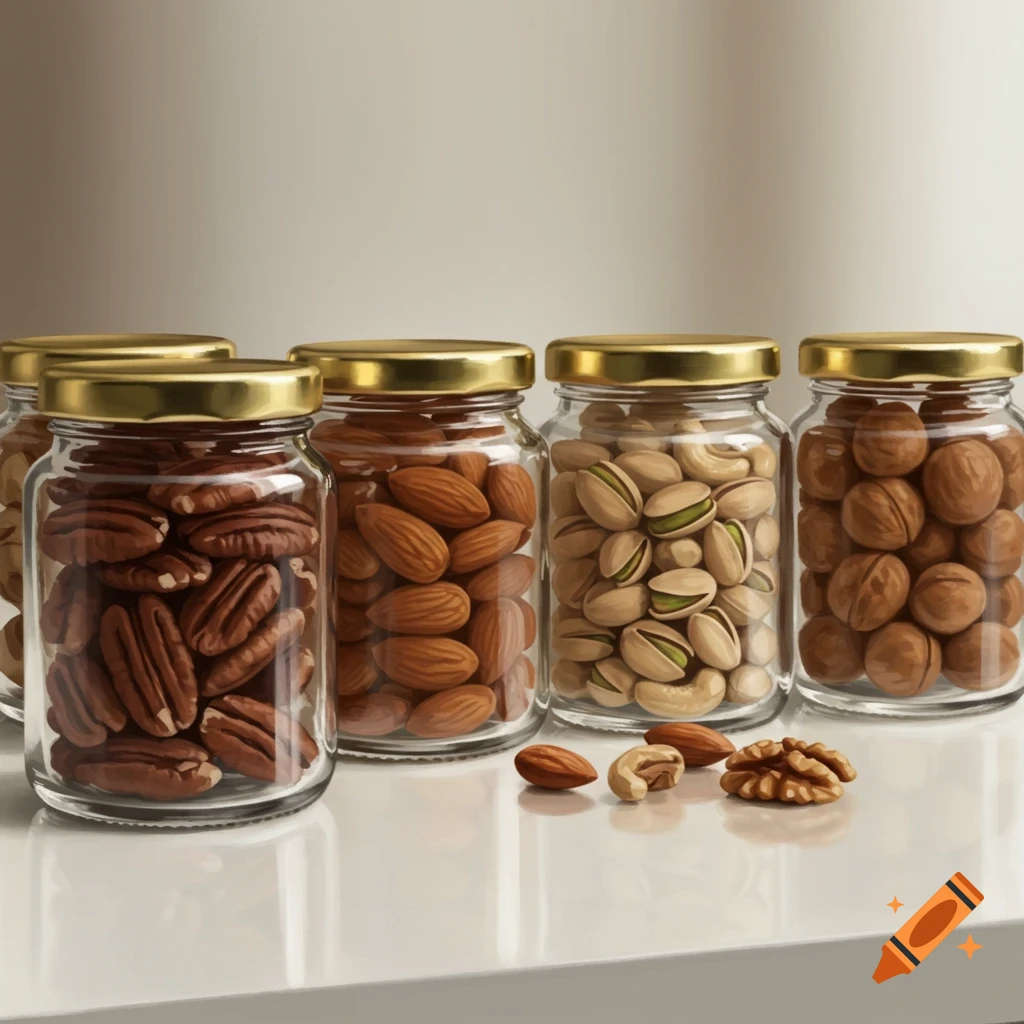 Four photorealistic glass jars with gold lids filled with pecans, almonds, pistachios, and walnuts on a white table.