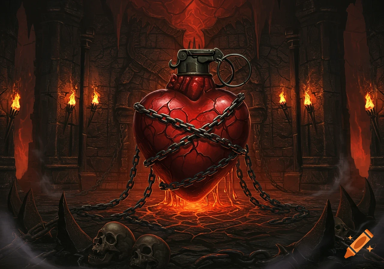 A heart-shaped grenade wrapped in chains, glowing with lava in a dark, gothic hellscape with skulls and torches, in a Diablo-like art style.