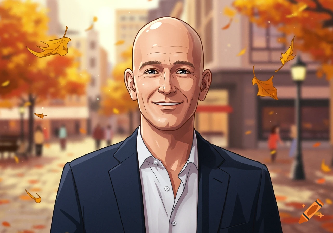 A smiling, bald, middle-aged man in a suit, depicted in a cartoon style, stands on an autumn city street with falling orange leaves.