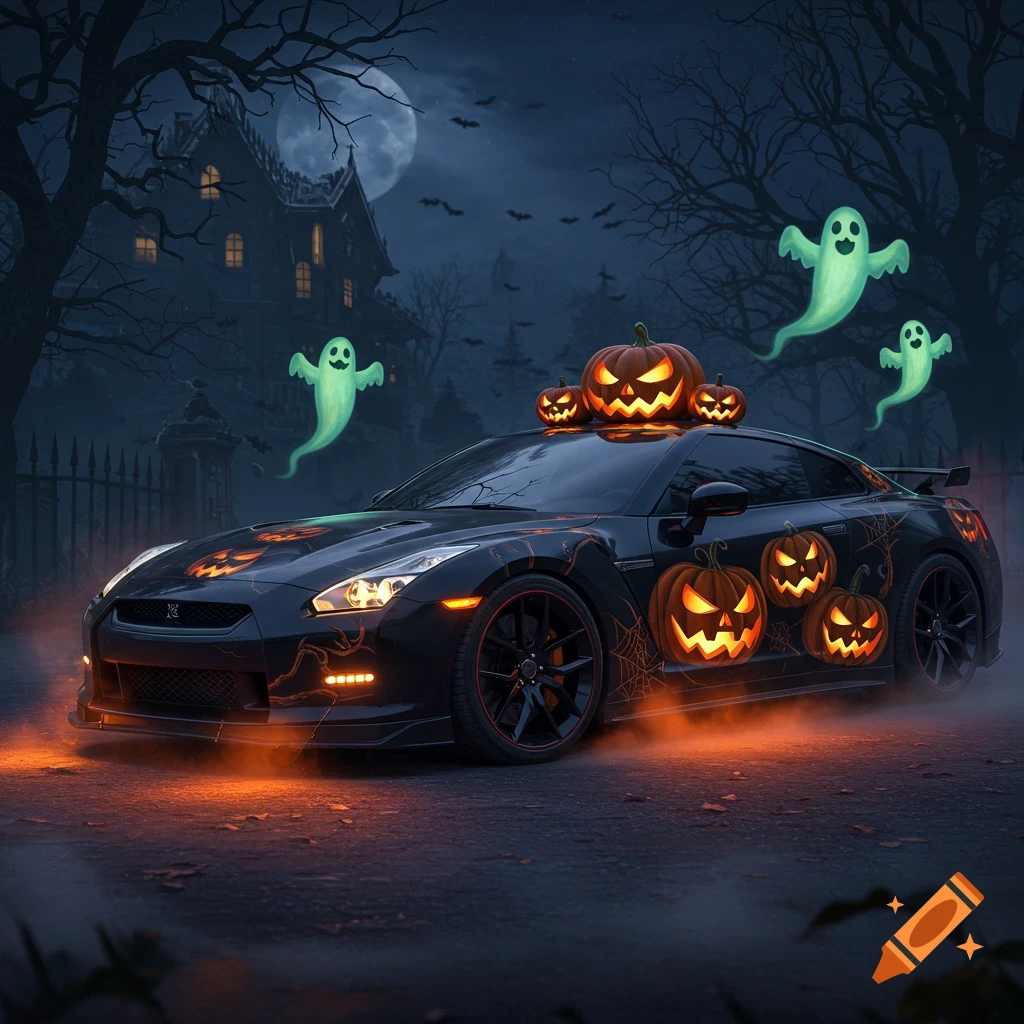 A black sports car with glowing jack-o'-lanterns and spiderwebs, parked before a haunted house with ghosts under a full moon.