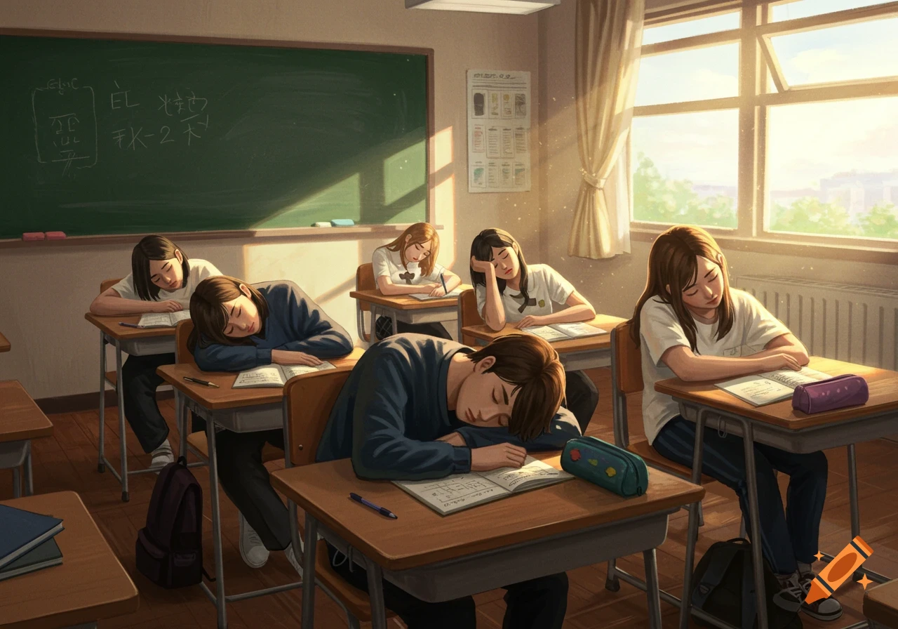 Anime illustration of multiple students sleeping at their desks in a sun-drenched classroom.