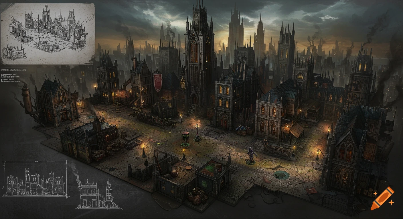 A grimdark tabletop gaming board of a dark, gothic cityscape with tall buildings, industrial elements, and street lighting under a stormy sky, with blueprint sketches.