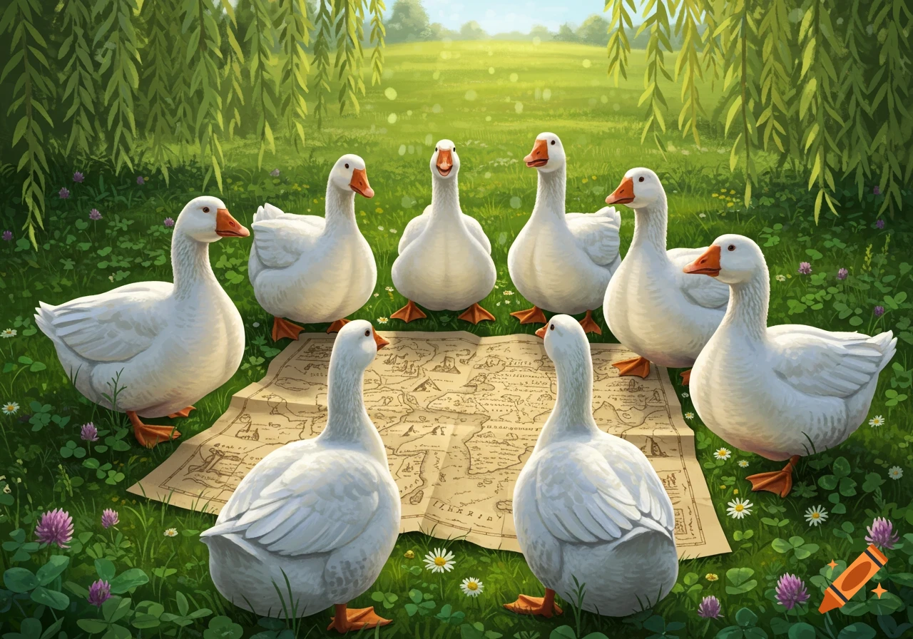 A group of white geese gathers around an old map spread on green grass under weeping willow trees.
