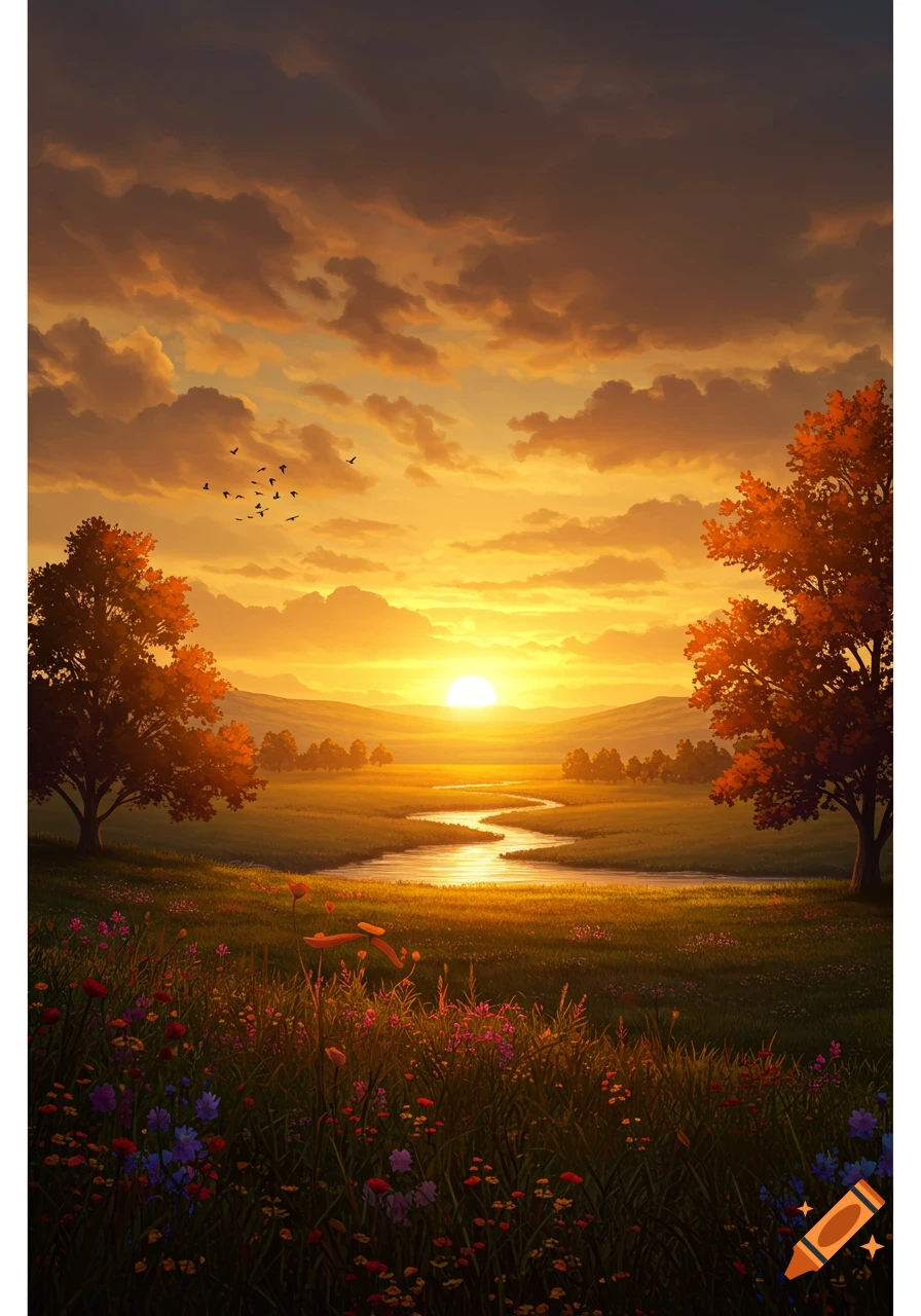 Vibrant artistic landscape of a winding river through a flower-filled meadow at sunset, with golden clouds and distant hills.