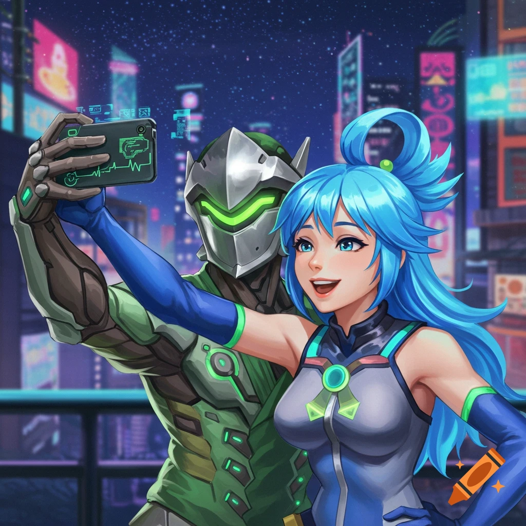 Anime fan art of Genji from Overwatch and Aqua from Konosuba taking a selfie in a neon-lit city.