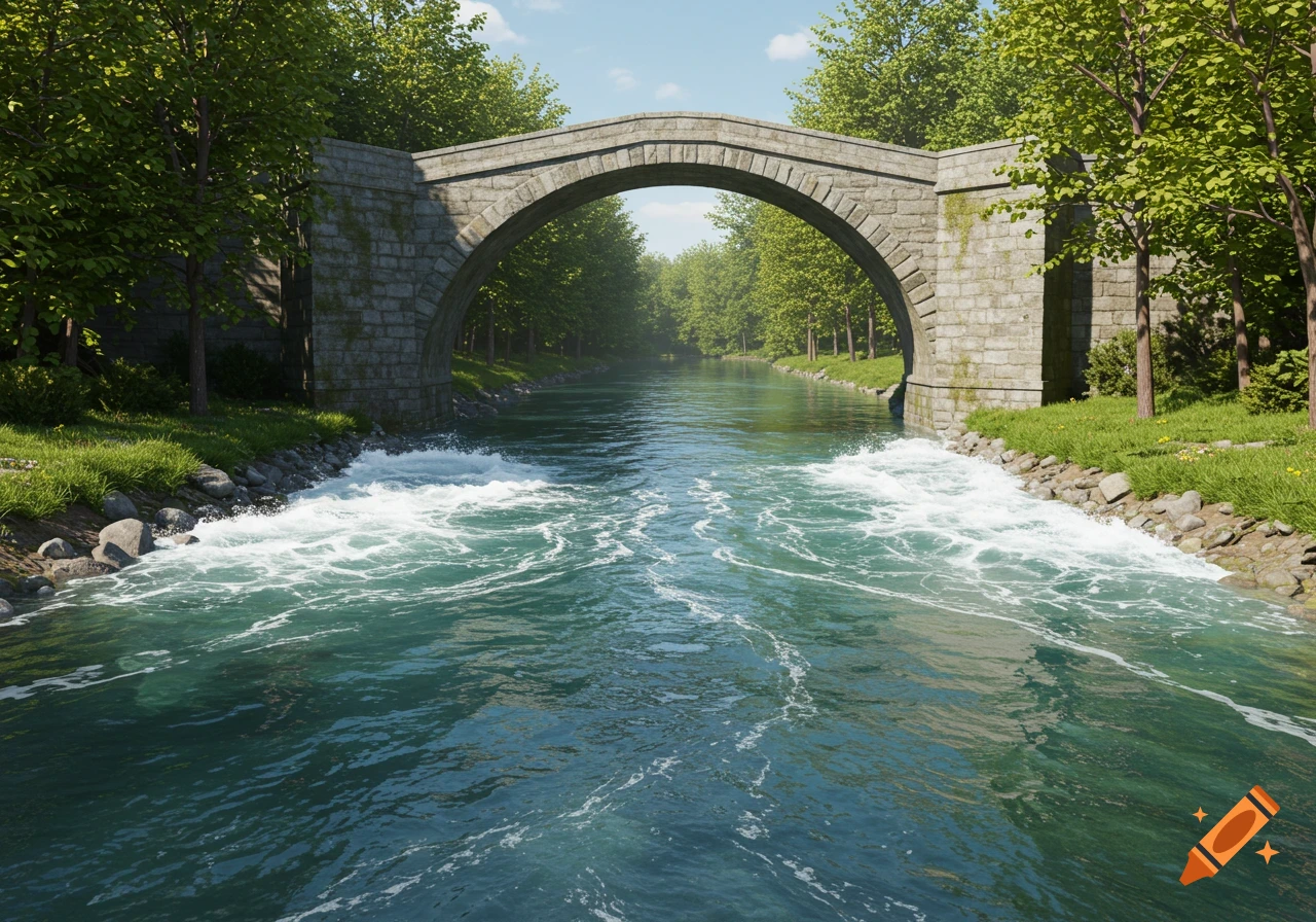 Photorealistic stone arch bridge over a river with rapids, surrounded by green trees under a blue sky.