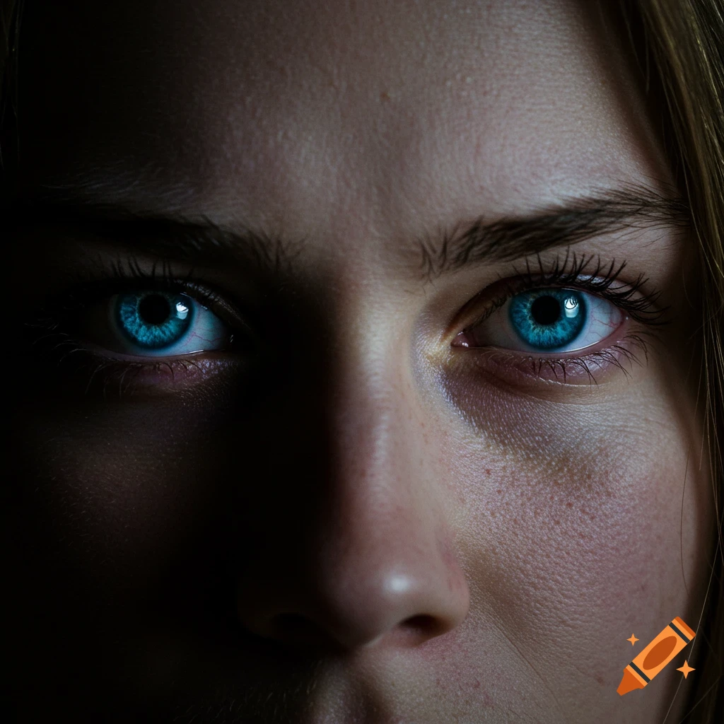 Close-up of a person's face with striking blue eyes and dramatic lighting, against a dark background, photorealistic style.
