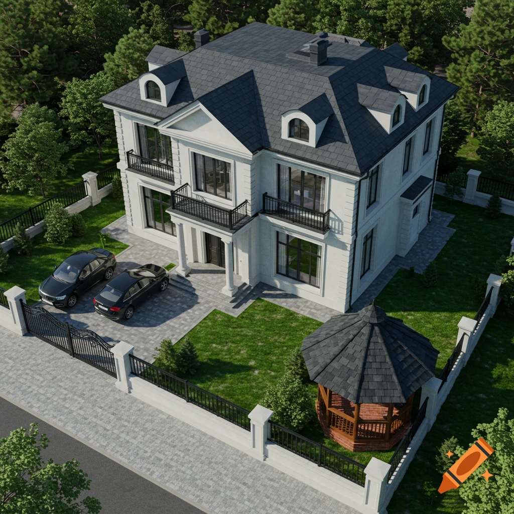 Photorealistic aerial view of a large white house with a dark roof, paved driveway, two black cars, and a gazebo, surrounded by grass and trees.