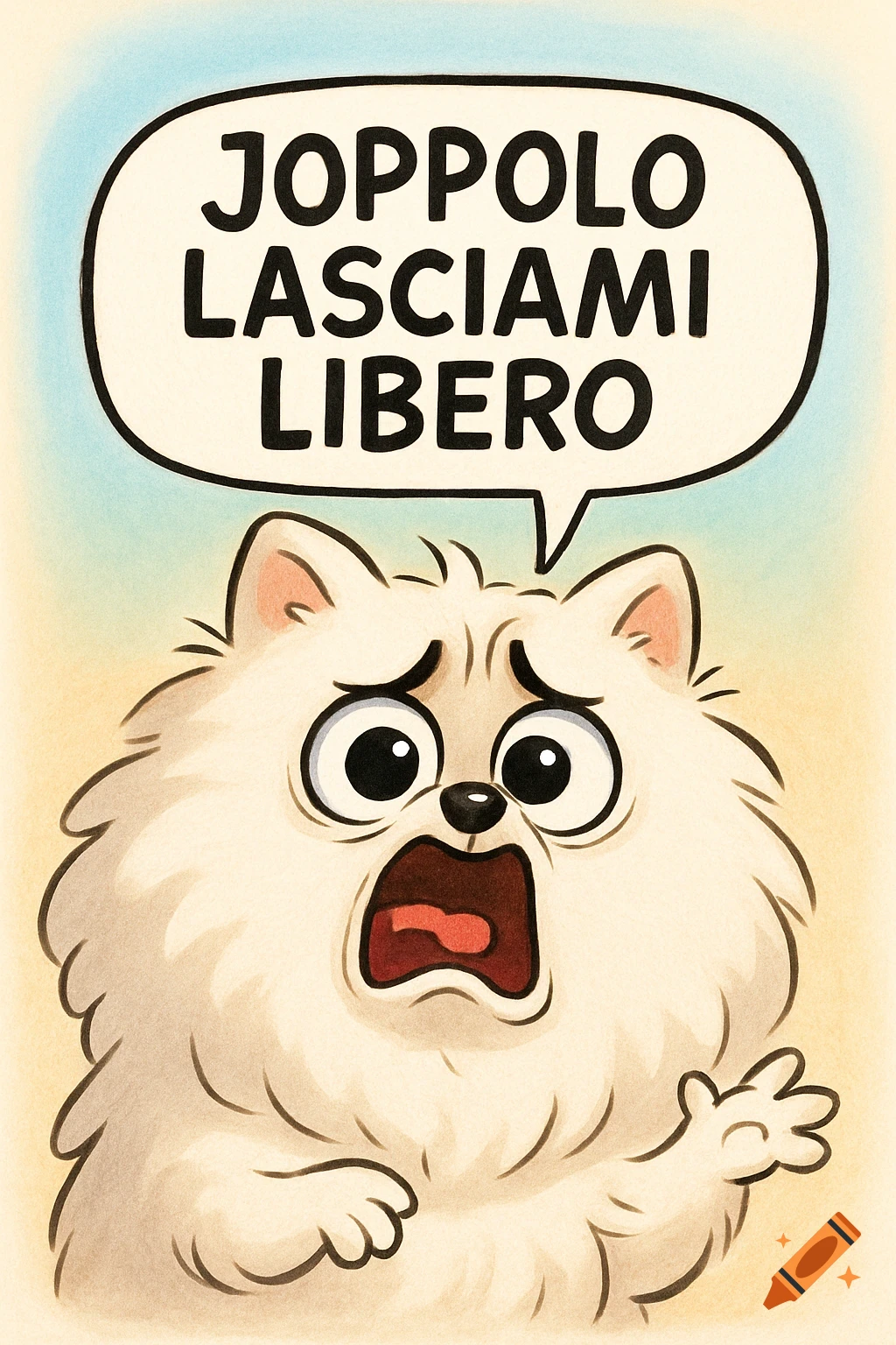 Cartoon of a fluffy white Pomeranian dog with a desperate, screaming expression, saying "JOPPOLO LASCIAMI LIBERO" in a speech bubble.